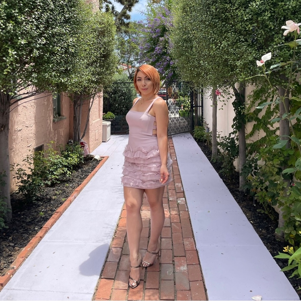 BCBG Lavender Cocktail dress. Flirty Open back dress